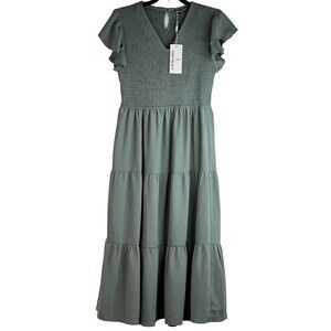 New Theenkoln Women’s Sea Moss Green V-Neck Shirred Tiered Romantic Dress Sz M
